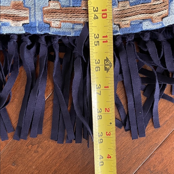 BOHO Navy Hooded Coat – Multi-Color Embroidery & Rabbit Fur Trim & Fringe Hem - Picture 7 of 16